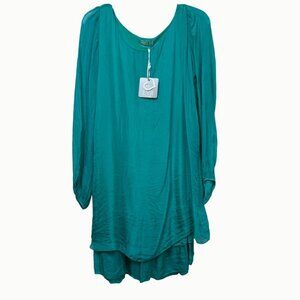 LVR Italian 100% Silk Teal Dress Women’s S Layered Hem Long Sleeve NWT